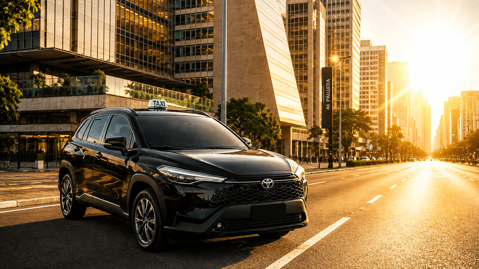 Black executive car from EJS Transfer driving down a busy São Paulo avenue at sunset